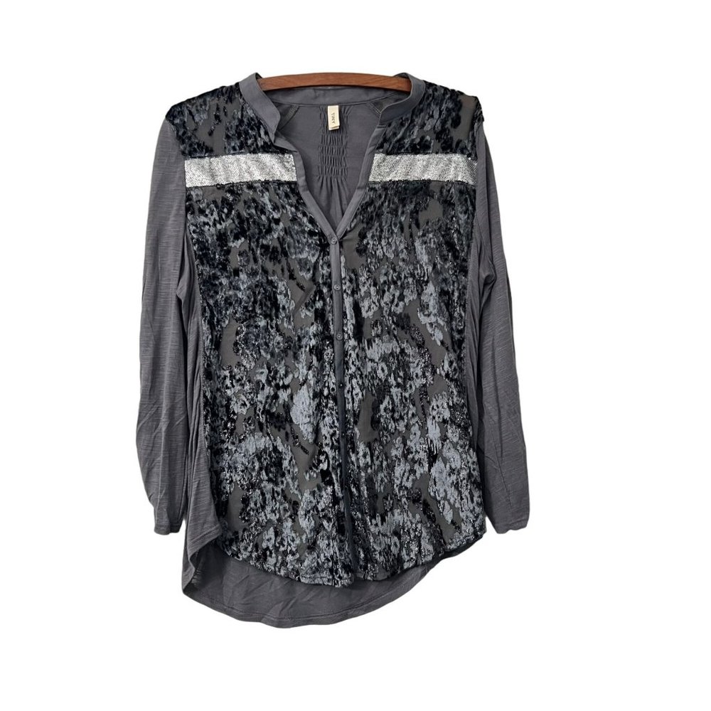 Anthropologie Tiny Womens Gray Silver Sheer Velvet Sequin Button Shirt Size L